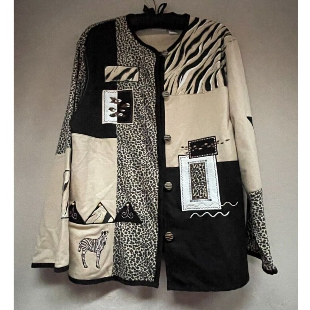 Vintage Koret K-Wear Animal Print Patchwork Cardigan Sweater Large Tan Black